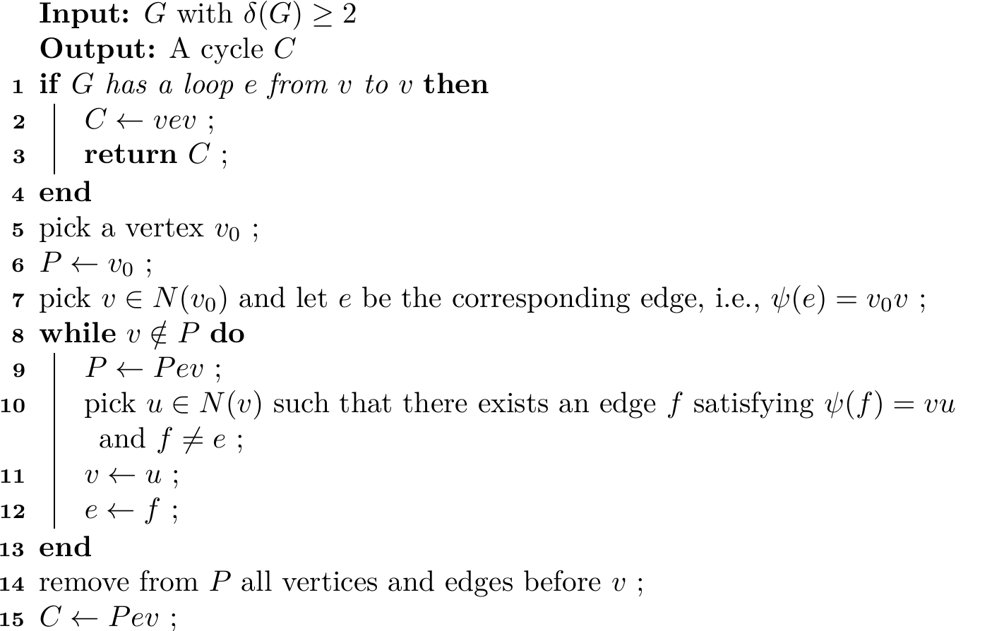 Finding a Cycle in $G$ With $\delta(G) \geq 2$